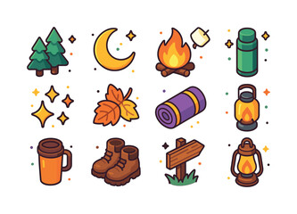 Woodland Evening Icons. woodland evening. Colorful isometric vec