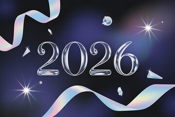 2026 crystal typography with iridescent ribbon and sparkling gems on a celebratory gradient background, symbolizing new year's elegance and future prosperity.