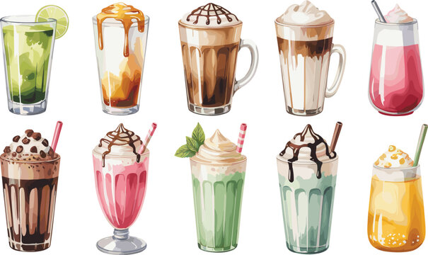 Beautiful Watercolor Collection of Sweet Milkshakes, Iced Coffees, Smoothies, and Refreshing Beverages for Cafe Menu and Summer Drinks Design
