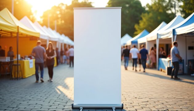 Blank pull up banner mockup at outdoor trade fair. Empty vertical roll up stand for advertising at sunny street market. White promotional display for branding at exhibition with blurred people