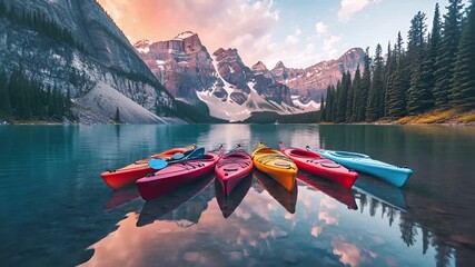 A vivid, colorful depiction of kayaks on a calm lake, with a mountainous backdrop. The kayaks are of various colors, including red, blue, yellow, and orange, and are equipped with paddles.