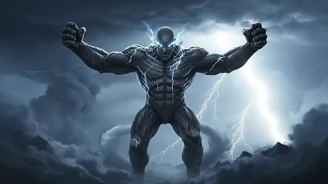 Powerful Storm Giant Unleashes Electric Fury in a Dark and Cloudy Sky.