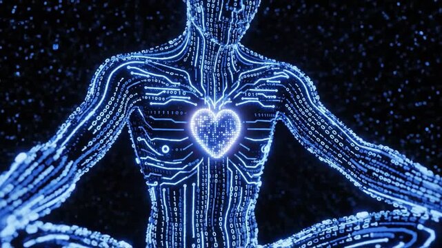 Digital Human Body with Circuitry and a Glowing Binary Heart technology futuristic.