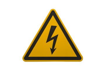 Yellow warning sign with black lightning bolt inside a triangle . Isolated on transparent background, png