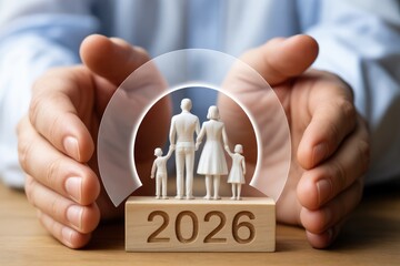 Family insurance 2026 concept with hands protecting family future