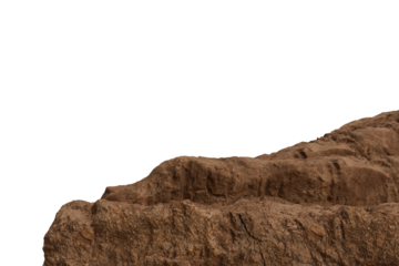 A detailed view of a rugged, textured brown rock formation, resembling a cliff or ground edge, rising from the bottom transparent background. Natural geology