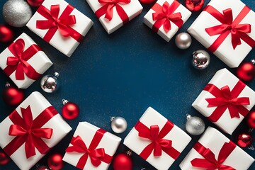 christmas background with gift boxes Holiday Christmas greeting frame with gifts and ornaments on green background, festive winter flat lay top view