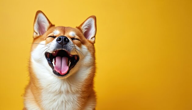 Happy Shiba Inu dog smiles on vibrant yellow background. Cute Japanese pet laughing with eyes closed, mouth wide open. Funny puppy portrait with tongue out. Adorable canine shows pure joy, positive