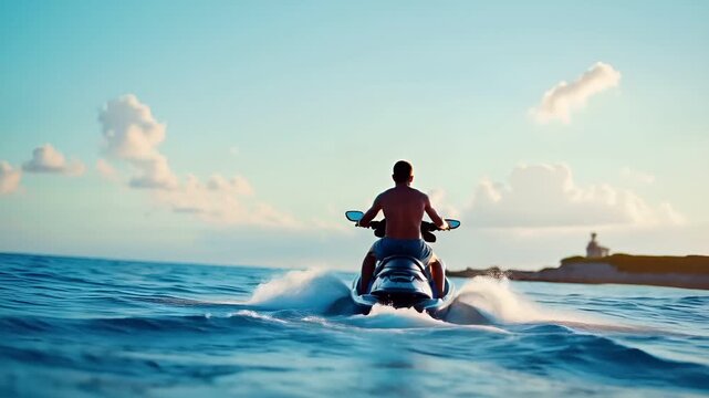 A silhouette of a person riding a jet ski on a body of water during sunset. The sky is a gradient of orange and blue, with the sun casting a warm glow over the scene.