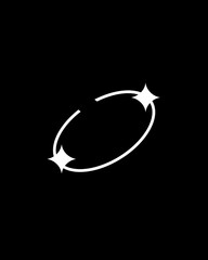 Minimalist abstract emblem featuring a swirling elliptical orbit with two sparkling stars on a black background, evoking cosmic wonder and innovation