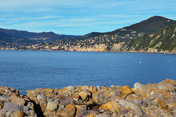 Panoramic view of Camogli and Punta Chiappa, in Liguria, Italy