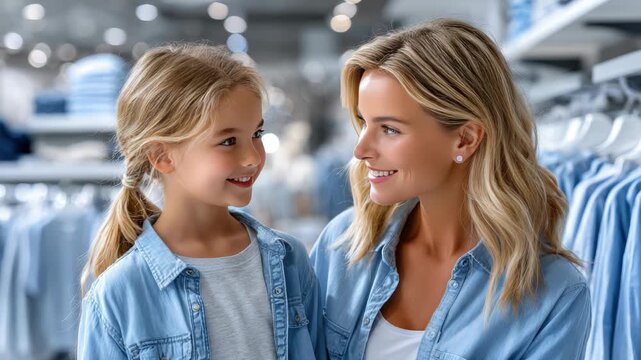 Beautiful mother and her little daughter smiling and looking at each other affectionately while shopping for clothes together in a store, sharing a happy family moment