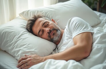 Middle-aged man sleeps soundly in bed with white linens. He rests peacefully on a soft pillow, indicating deep slumber and relaxation. The scene suggests a calm bedroom environment perfect for rest.