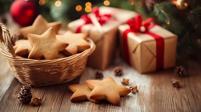 Winter holiday celebration concept. Christmas New Year. A closeup shot of a basket filled with starshaped cookies. The cookies are light brown with a speckled pattern.