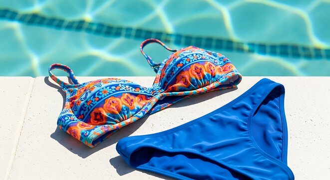 Illustration of a colorful bikini set with a tropical print top and blue bottoms by the pool on a sunny day outdoors