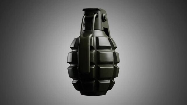 An ominous, dark green military fragmentation hand grenade is photorealistically rendered, showcasing its textured body while isolated against a smooth gray studio background.