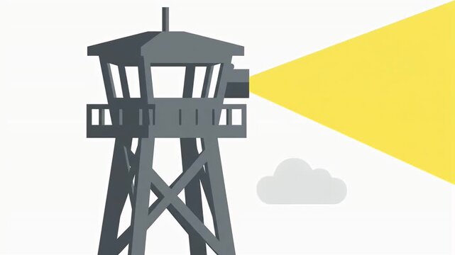 Illustration of a watchtower with a powerful searchlight scanning area for security surveillance