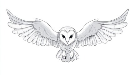 Barn owl in flight, white background, wildlife illustration, design element