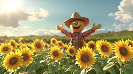A vivid, sunflowerthemed digital artwork featuring a scarecrow in a sunflower field. The scarecrow, with a cheerful expression, is dressed in a plaid shirt and a straw hat.