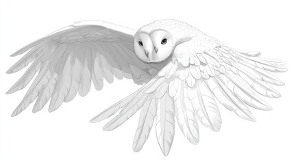White owl in flight, wings spread, isolated, nature