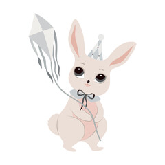 Obraz premium Bunny with kite vector design. Birthday party design. Cute animal for logo, emblem, pictogram, print, design element, greeting card. Sticker design. Happy Easter. Easter bunny. Event decoration