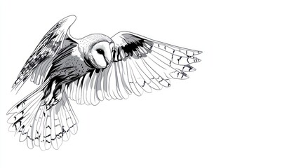 Barn owl in flight, white background, nature illustration, wildlife art, design element