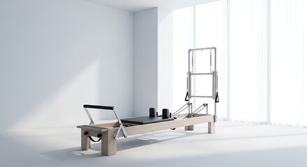 Illustration of pilates reformer and tower in a bright and modern exercise room with white walls and floor