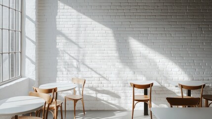 Sunny room with empty chairs, tables for use in restaurants or offices, indoors