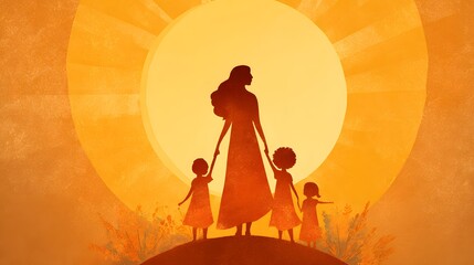 Silhouetted figures of a woman and several children walk toward a bright circular light source