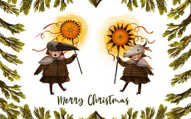 Greeting Christmas card with Ukrainian kids and christian lighting star. Spruce branches frame. Watercolor hand drawn poster for winter holidays. Malanka Kolyadka and carolers sing carols. December