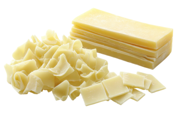Cheese piles sliced, diced, curled. Pale yellow food