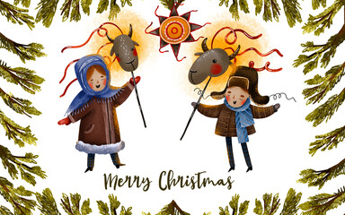 Greeting Christmas card with Ukrainian kids and christian star. Spruce branches frame. Watercolor hand drawn poster for winter holidays. Malanka Kolyadka and carolers sing carols