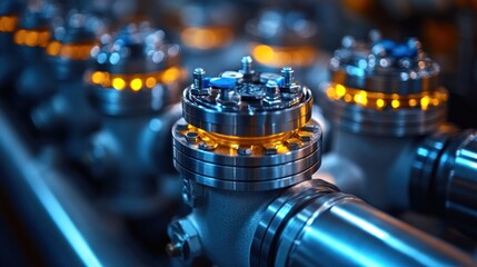 Close-up industrial valves with lights