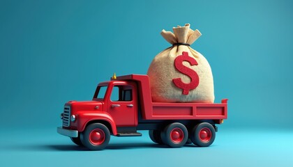 Red toy dump truck carries large sack with dollar symbol. Illustration shows money transport concept on blue backdrop. Business, finance delivery and cargo themes.