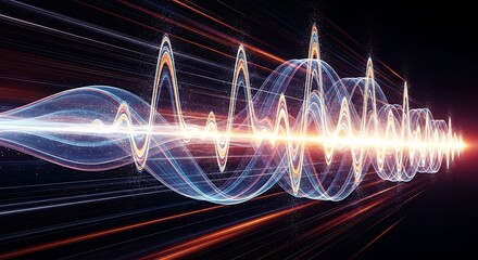 Illustration of vibrant sound wave with glowing lines and red light on a dark background with streaks