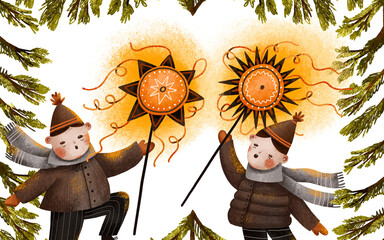 Greeting card with spruce branches, Ukrainian carolers with christian tradition stars. Winter holidays in Ukraine village Carols Vertep and Kolyadka Theatre hand drawn illustration watercolor