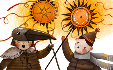 Greeting card with Ukrainian carolers with christian tradition star and crow mask. Winter holidays in Ukraine village. Carols, Vertep and Kolyadka Theatre hand drawn illustration poster