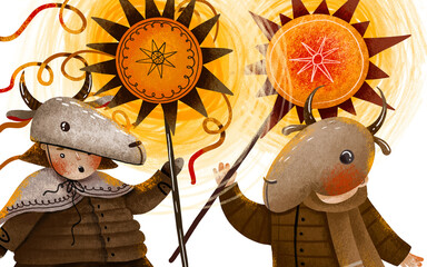 Greeting card with Ukrainian carolers with christian tradition star. Winter holidays in Ukraine village. Carols, Vertep and Kolyadka Theatre hand drawn illustration poster