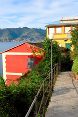 Panoramic view of Camogli and Punta Chiappa, in Liguria, Italy