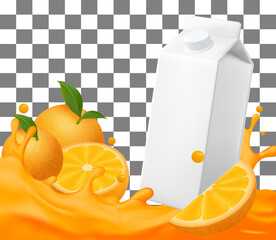 Empty juice carton with splashes of orange juice, including whole and half oranges. Suitable for Orange juice packaging advertising on a transparent background.