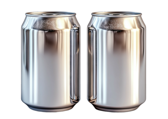 Two shiny metal drink cans side by side on a dark background