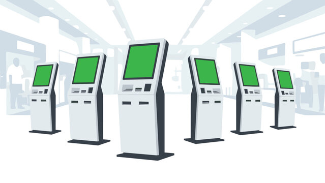 Modern self-service kiosks stand in a bright, spacious hall, offering interactive technology and convenient solutions for customers and visitors.