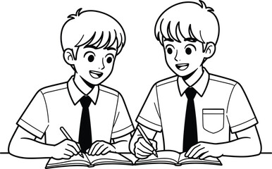 Two students studying together illustration, boys writing in books, school education teamwork concept line art, learning friendship academic drawing © MstRokshana