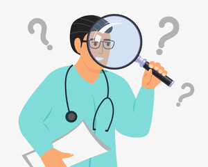 Nurse looking through magnifying glass,&nbsp;checking, analysing, studying.&nbsp;Vector illustration.