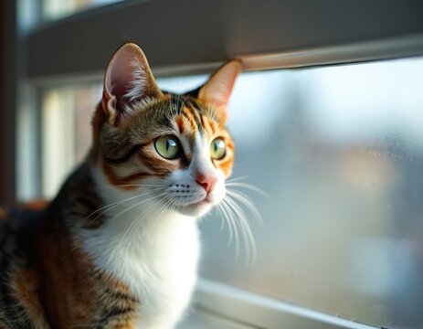 Calico cat with green eyes looks out window with curiosity. Its fur displays white orange brown patches. The pet sits indoors watching outside. - Powered by Adobe