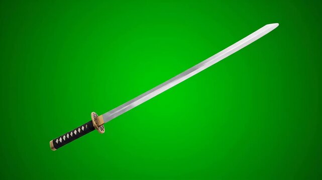 A sharp medieval steel sword with a metal blade and handle is isolated on a green background as a sharp weapon for a fight