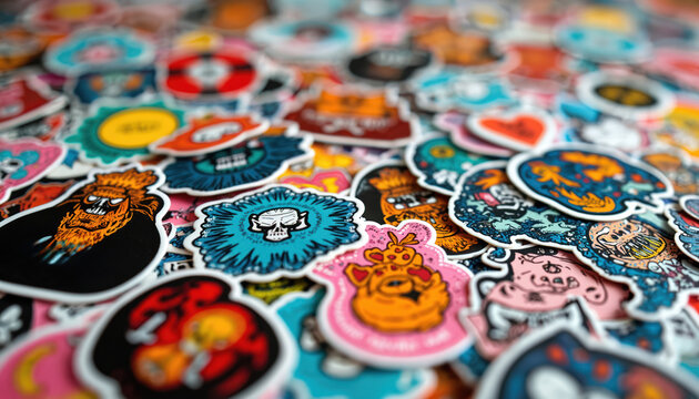 Pile of colorful stickers with cartoon skull, monster, abstract designs. Trendy vinyl decals for laptops, skateboards, notebooks. Fun, urban art for creative projects, scrapbooking, personalizing