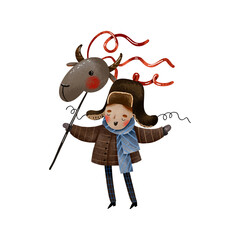 Slavic caroler christian goat head. Ukraine village Cartoon Ukrainian boy celebrate Christmas Ukrainian traditions Malanka kolyadka Carolers sing carols. Illustration  xmas. Ortodox catolic vertep