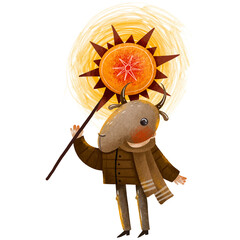 Happy slavic caroler  with christian light star. Cartoon Ukrainian kid celebrate Christmas. Ukrainian traditions. Malanka and kolyadka. Carolers sing carols. Illustration for xmas. Ortodox vertep