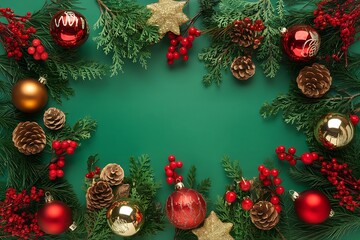 christmas wreath with red ribbon Holiday Christmas greeting frame with gifts and ornaments on green background, festive winter flat lay top view